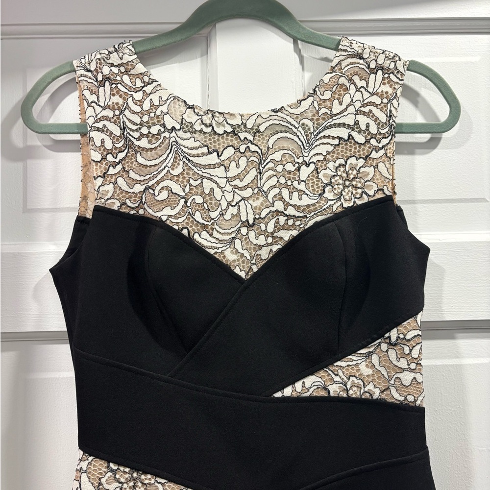 BCBGMaxAzria Black and Beige Lace Paneled Mini Dress